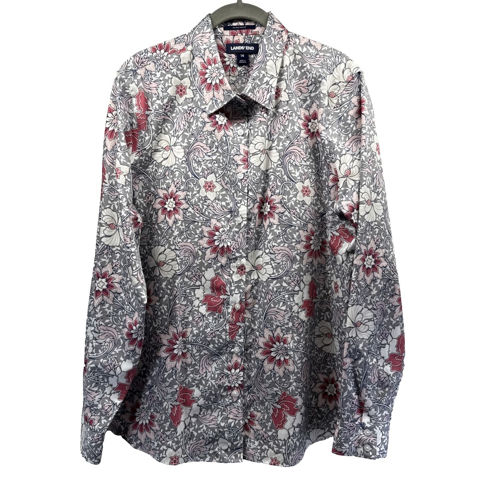 Lands End Women's Top Blouse Size 14 Red Gray Floral Supima Cotton Long Sleeves